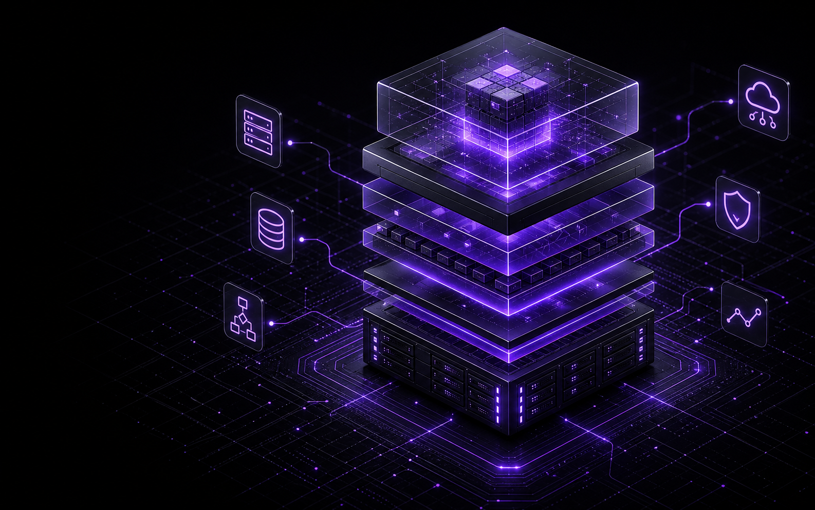 Layered 3D infrastructure cube with illuminated systems layers
